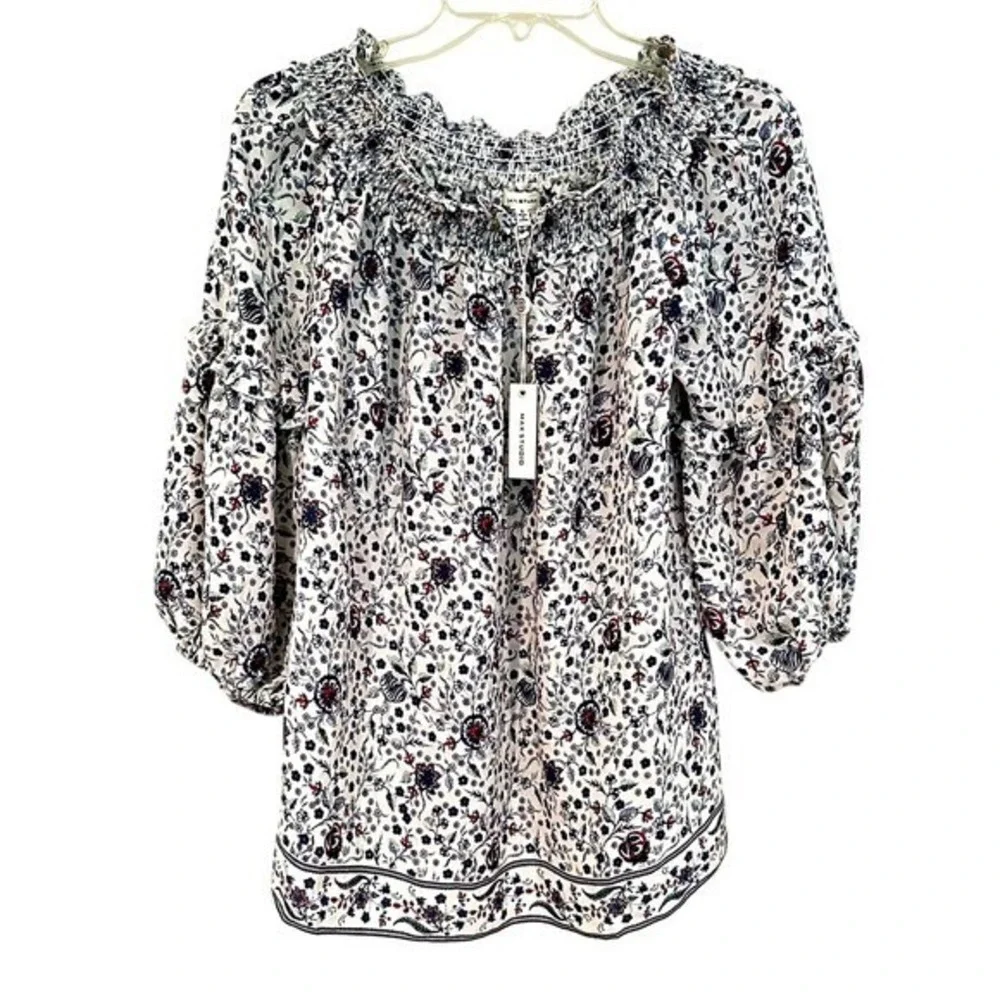 Max Studio Floral Off Shoulder Peasant‎ Blouse Women's Small White Blue Casual